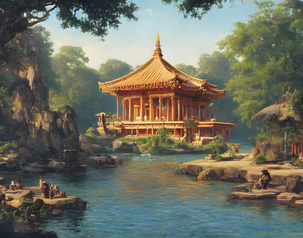 Traditional Asian Pagoda on River Surrounded by Lush Greenery