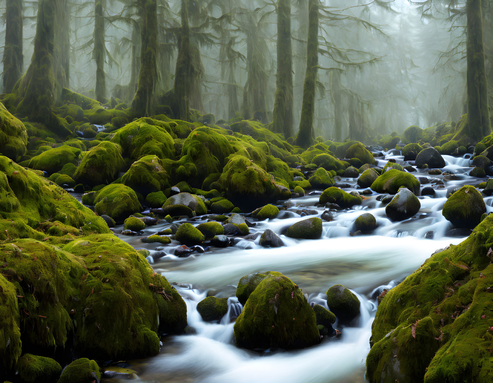 Tranquil forest stream with moss-covered ground & misty trees