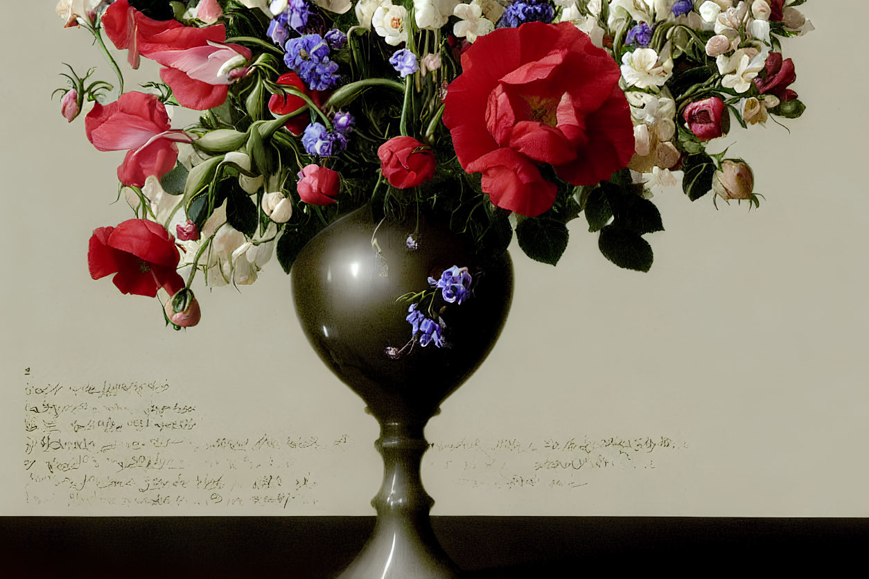 Dark Vase with Vibrant Flower Bouquet on Cream Background