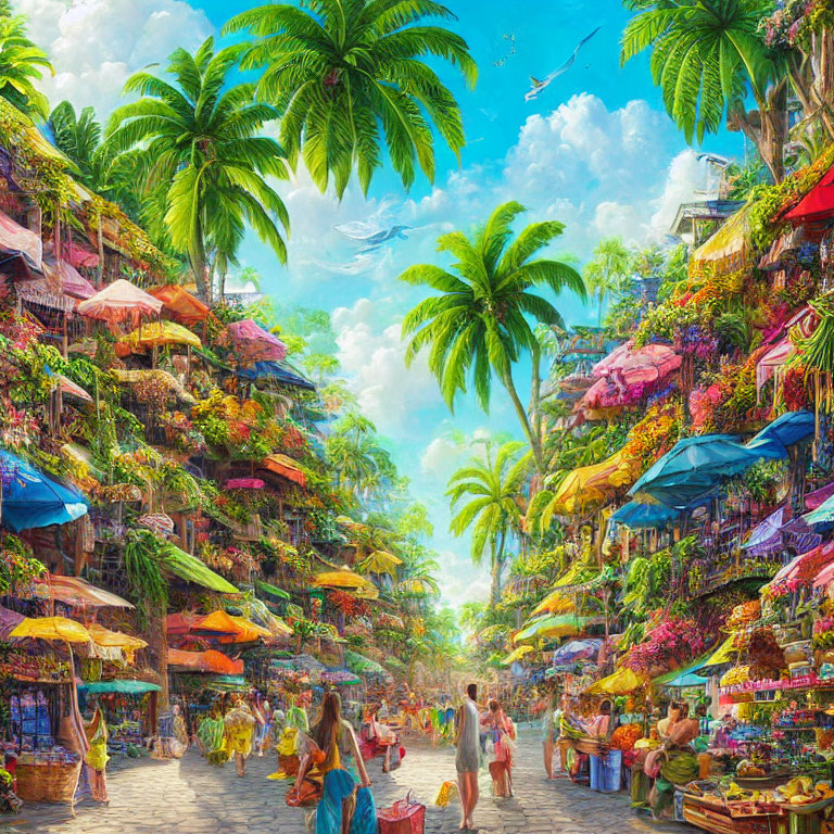 Colorful market street with lush greenery and vibrant stalls under blue sky