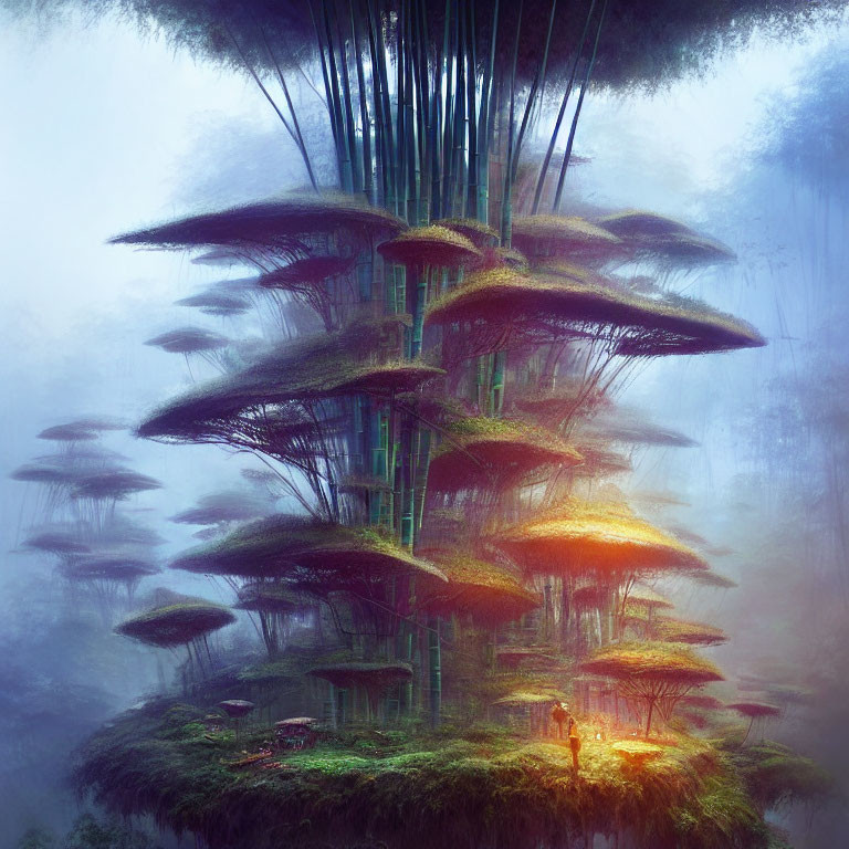 Fantastical forest with oversized mushroom-like trees and person in mystical fog.