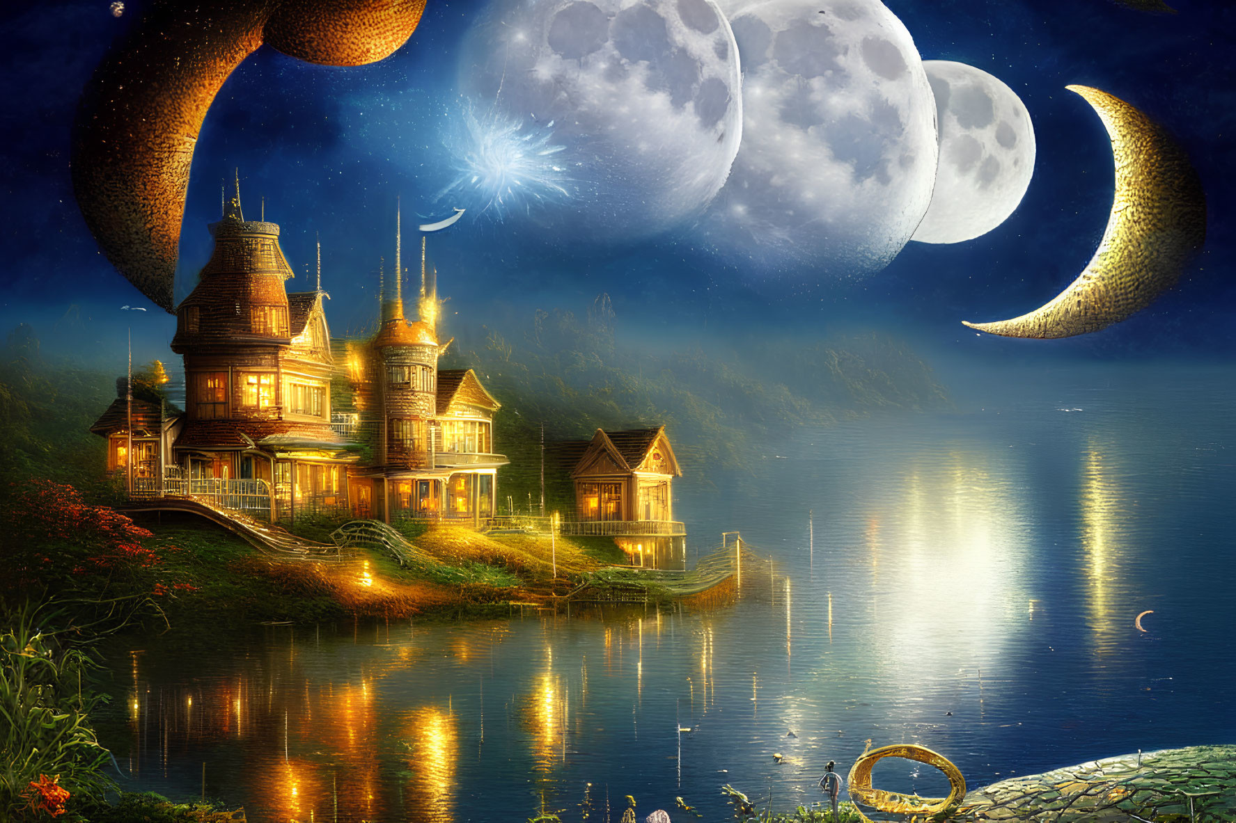 Fantasy lakeside mansion under multiple moons and shooting star.
