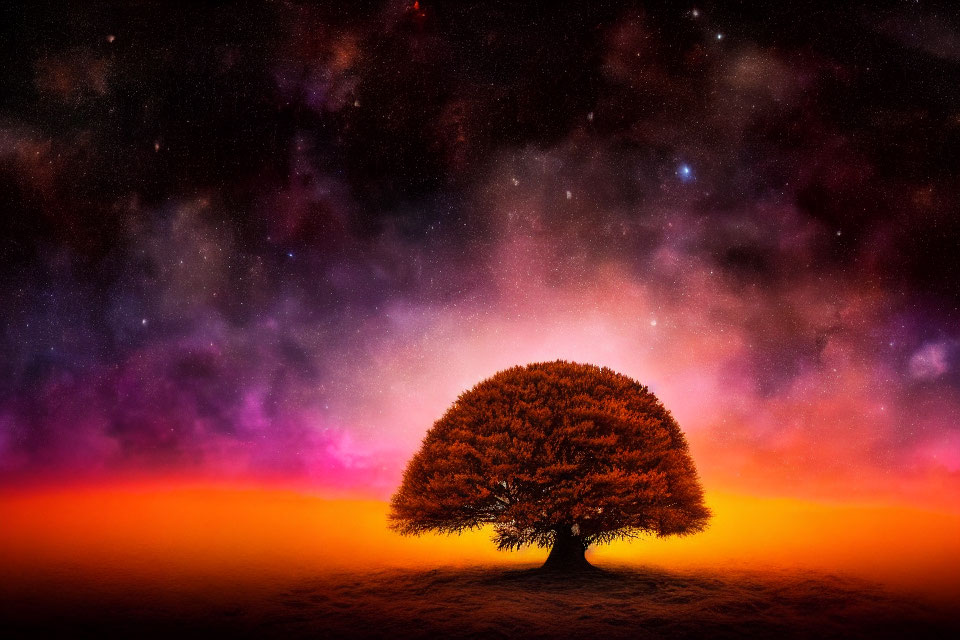 Vibrant lone tree under starry night sky with orange leaves.