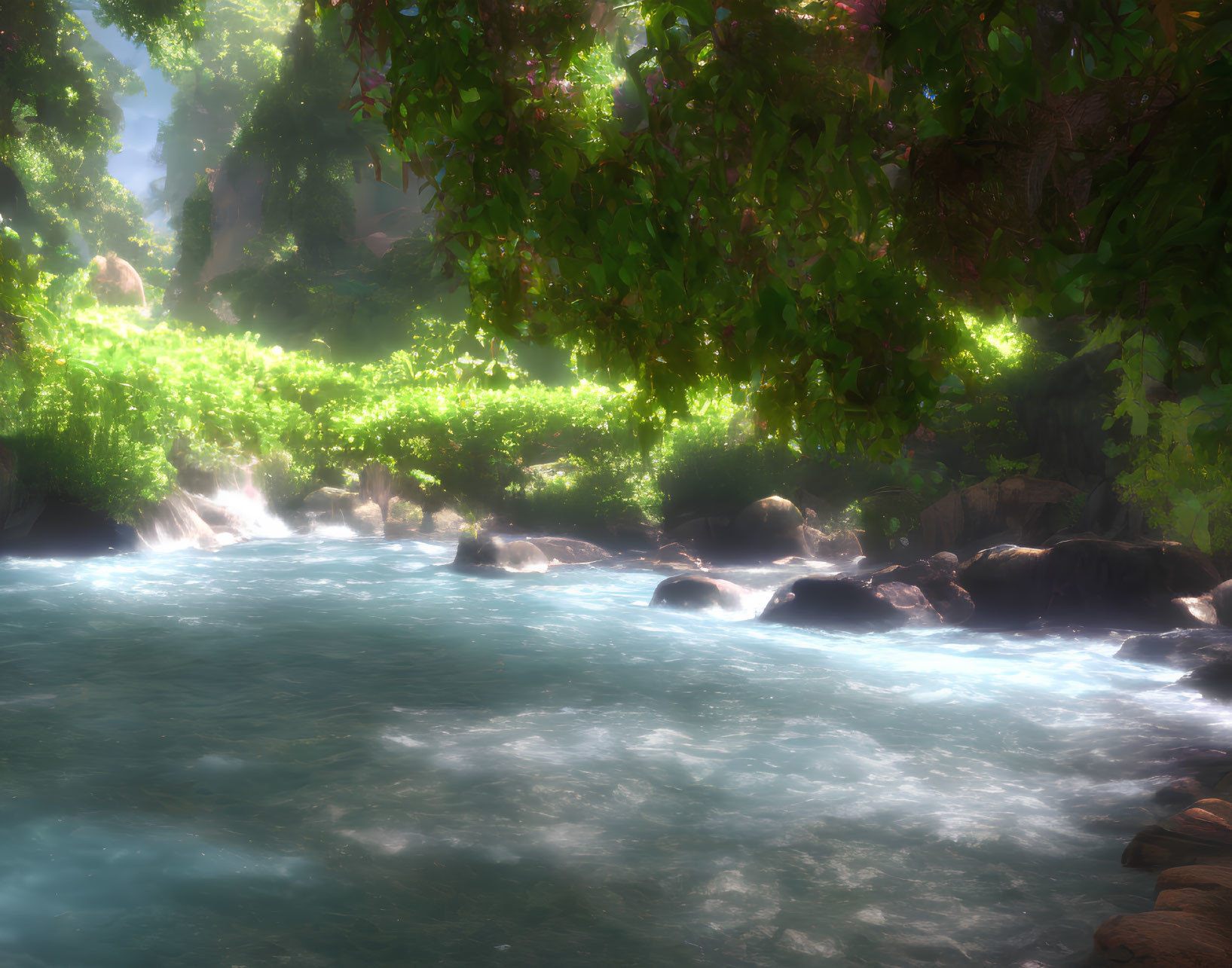 Tranquil river in lush landscape with sun rays and waterfalls