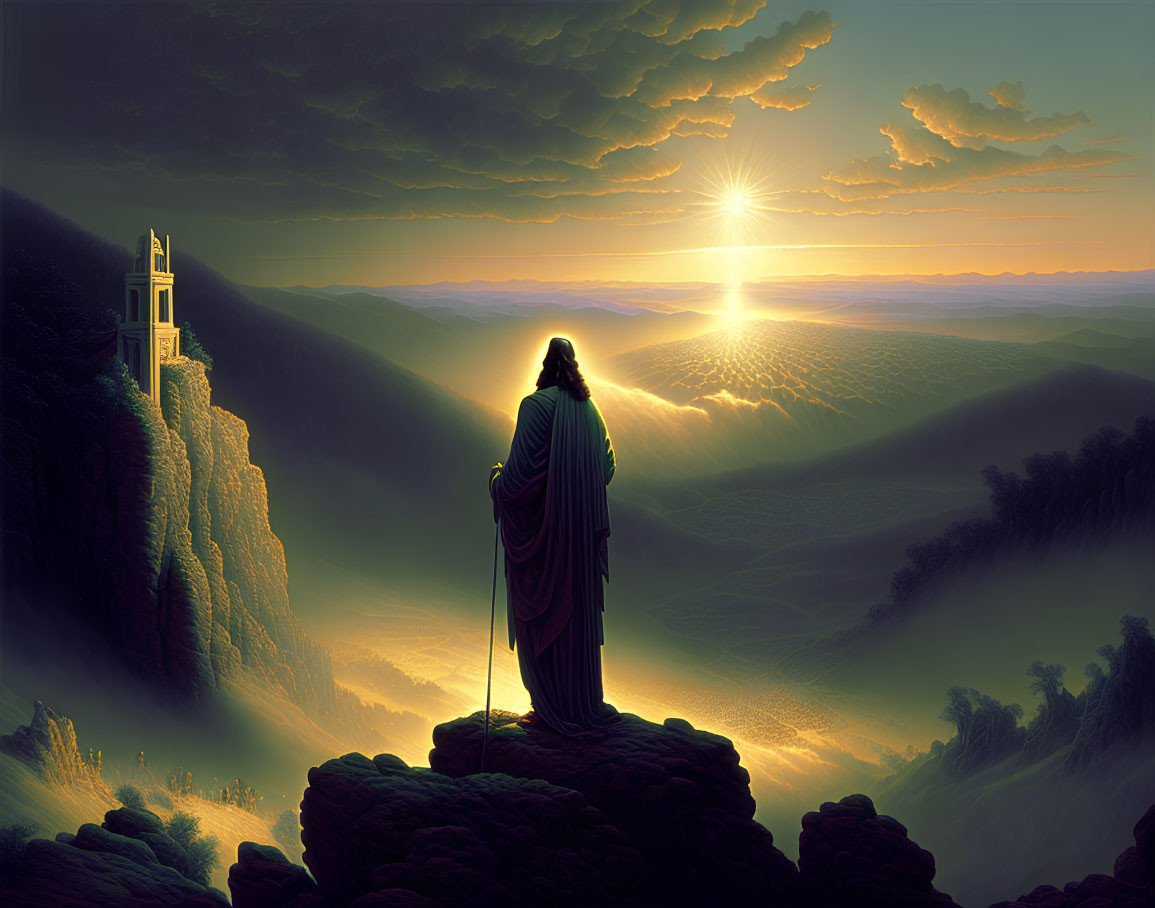Robed Figure on Mountain Overlooking Sunlit Valley with Castle