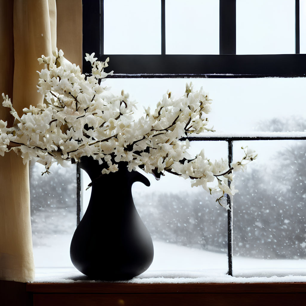 Black vase with white flowers on windowsill against snowy backdrop