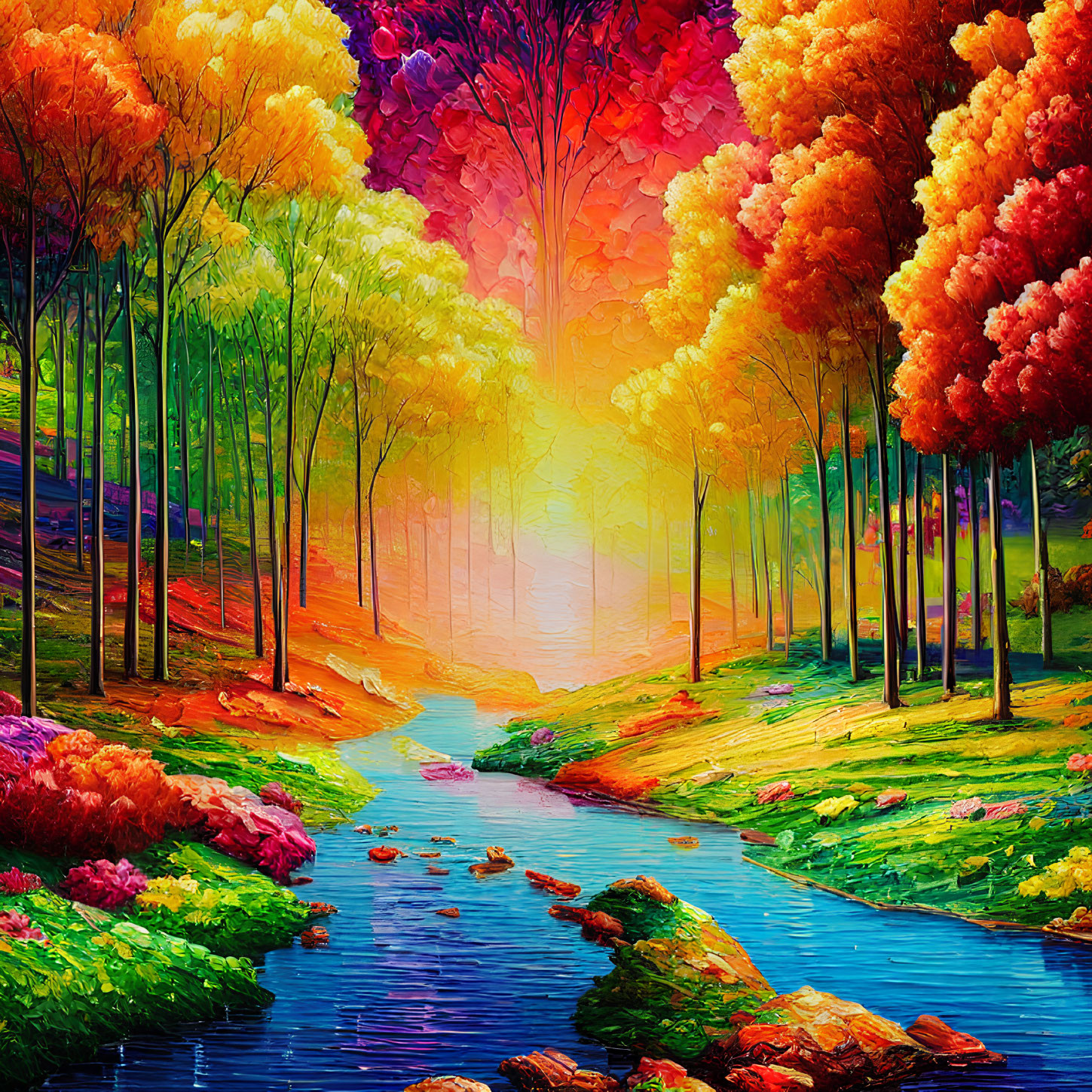 Colorful forest painting with stream and bright background