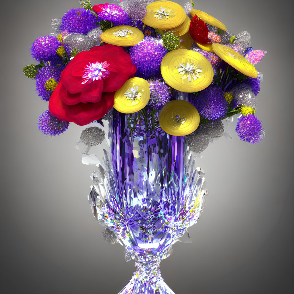 Vibrant flowers and succulents in crystal vase on neutral backdrop