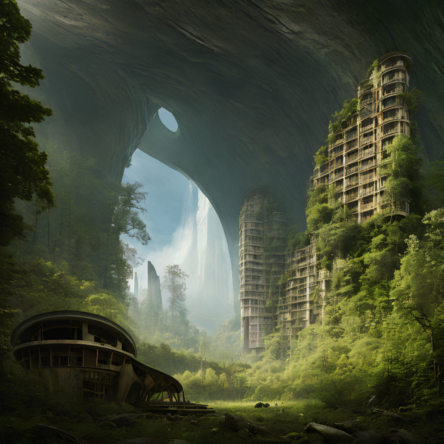 Sunlit cavern with lush forest and futuristic buildings merging into nature