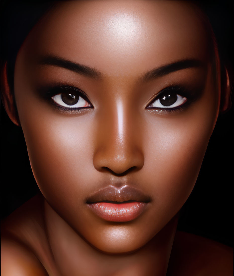 Portrait of Woman with Striking Eyes and Full Lips on Dark Background