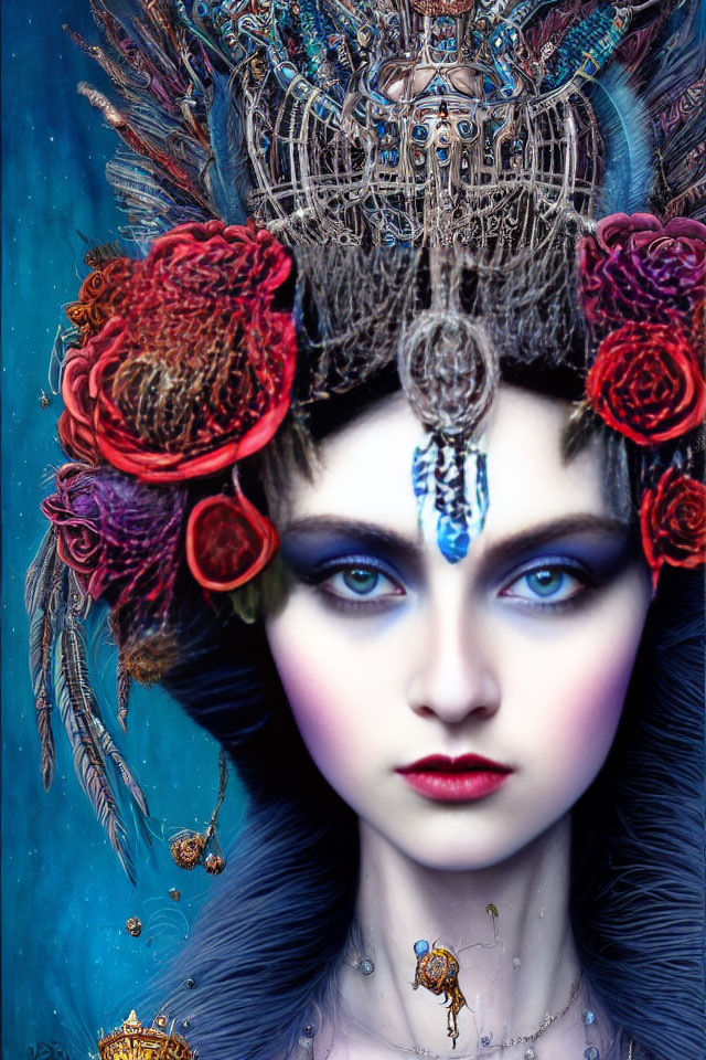 Portrait of Woman with Pale Skin and Bold Blue Eye Makeup in Ornate Headdress Against Blue Backdrop