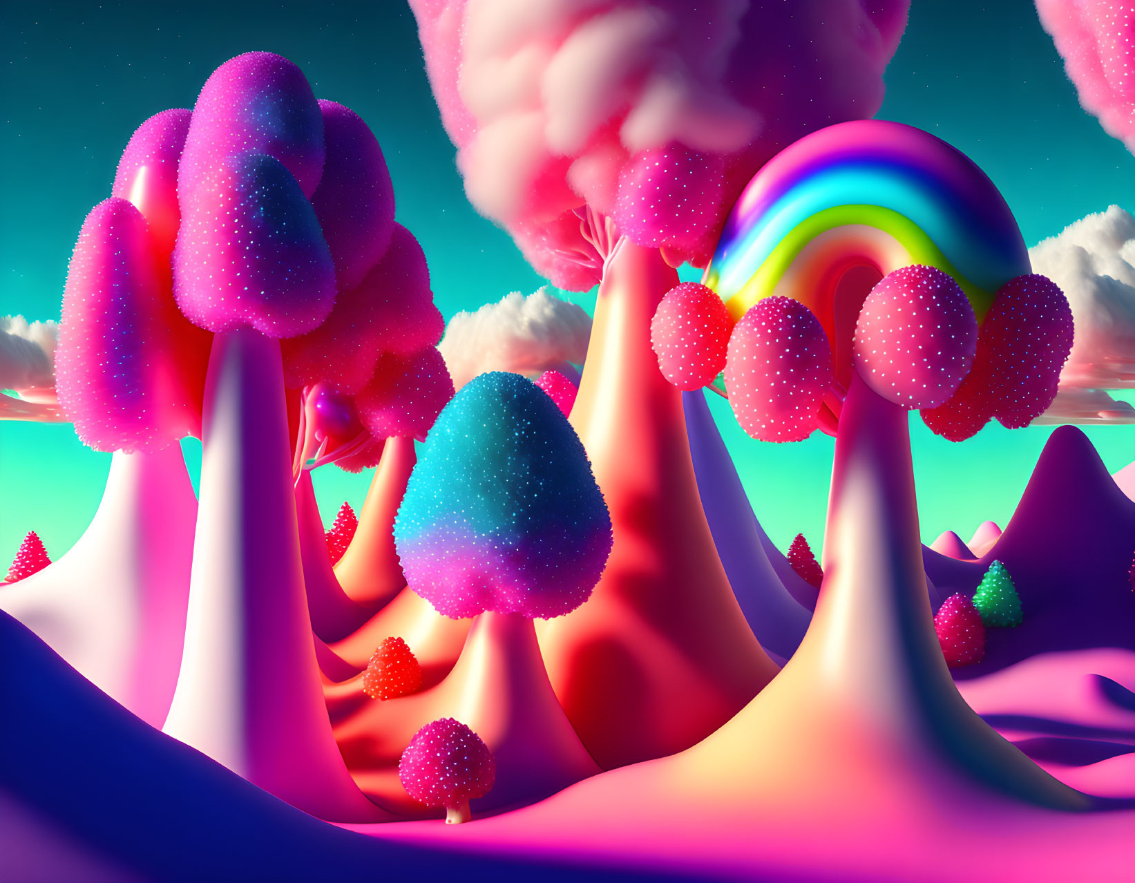 Colorful surreal landscape with candy-like trees and rainbow skies
