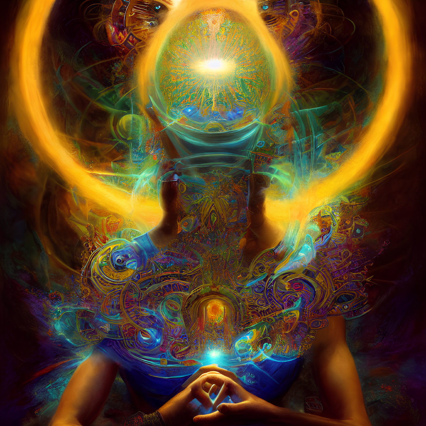 Abstract image of person meditating with glowing patterns and energy rings