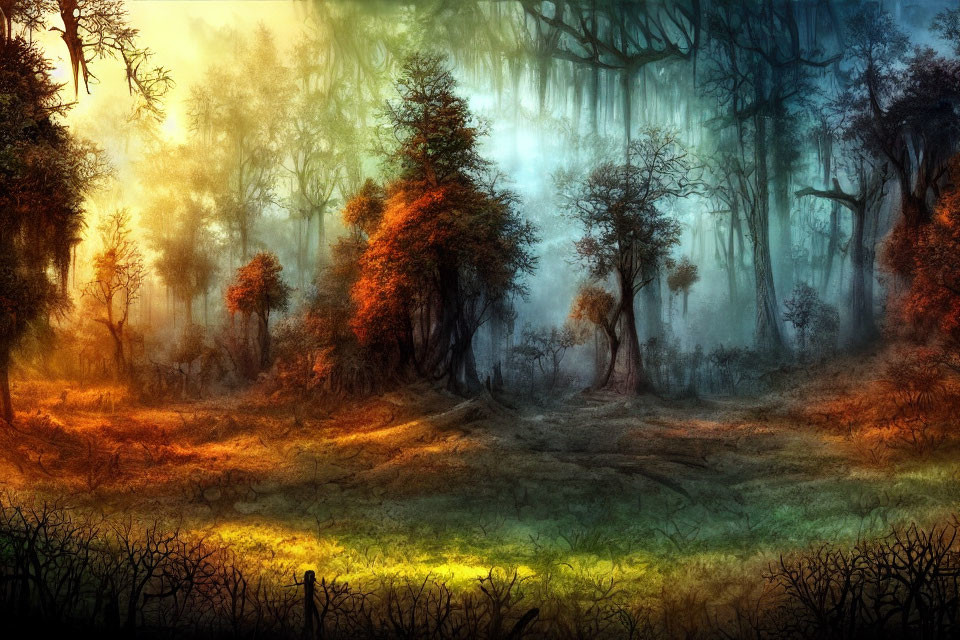 Enchanted forest with autumn foliage and mysterious fog