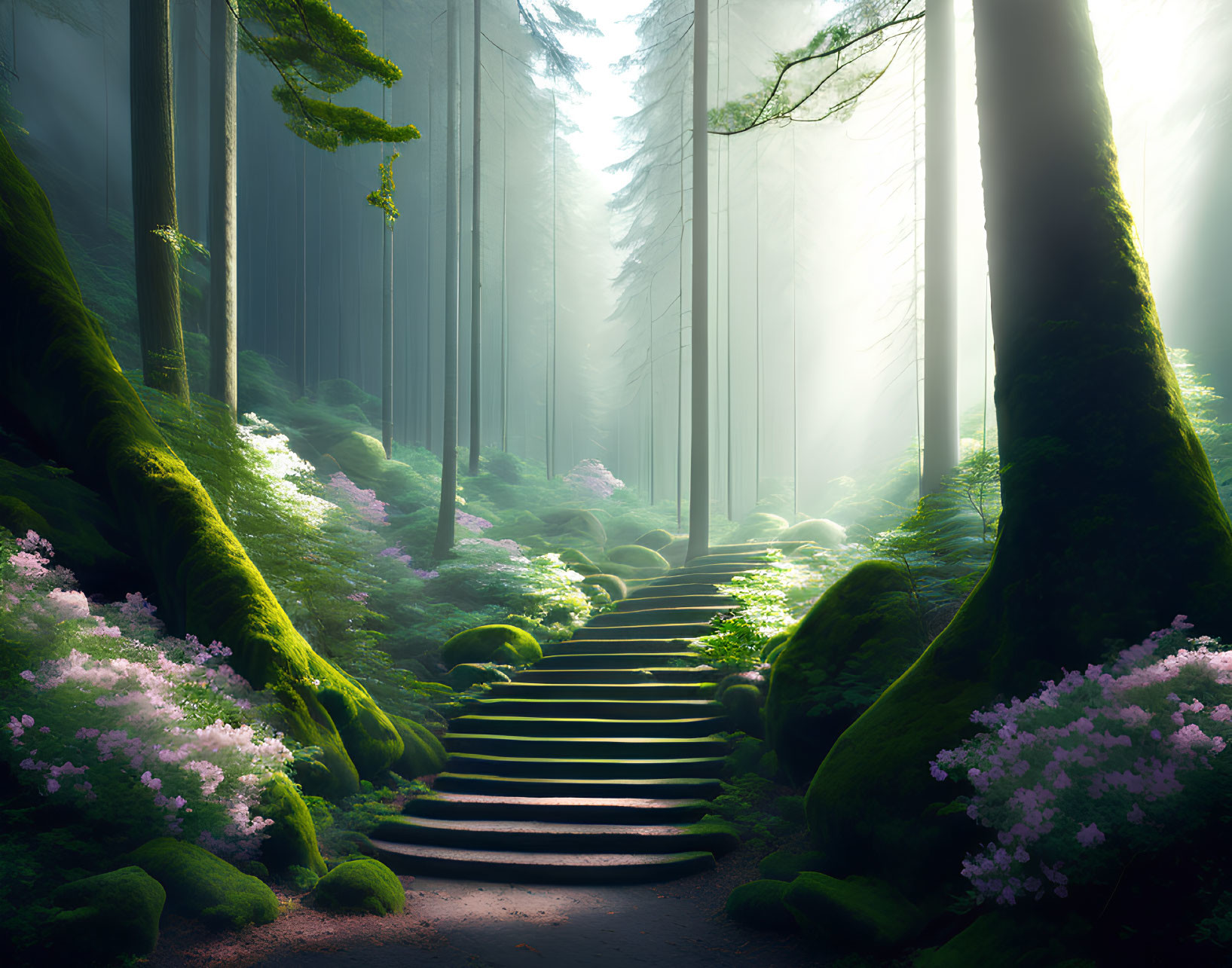 Tranquil Forest Path with Sunlight, Moss-Covered Rocks, and Pink Flowers