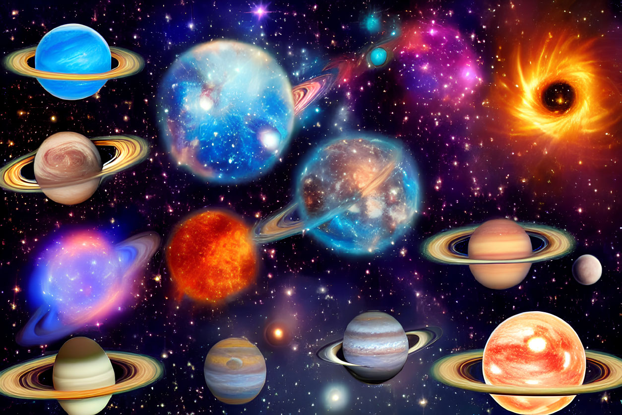 Colorful Cosmic Collage of Planets, Nebulae, and Stars