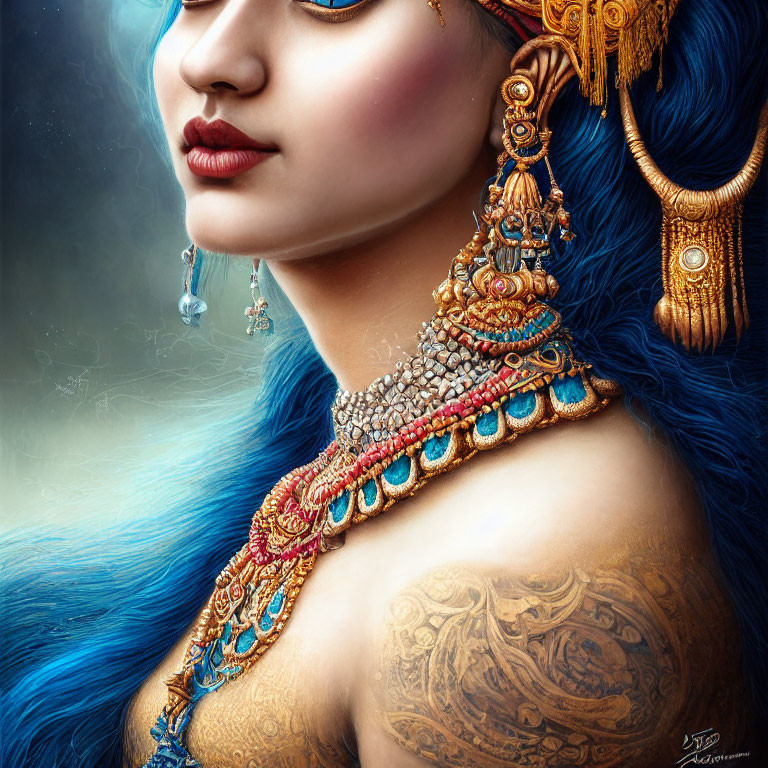 Portrait of a Woman with Blue Hair and Intricate Golden Jewelry