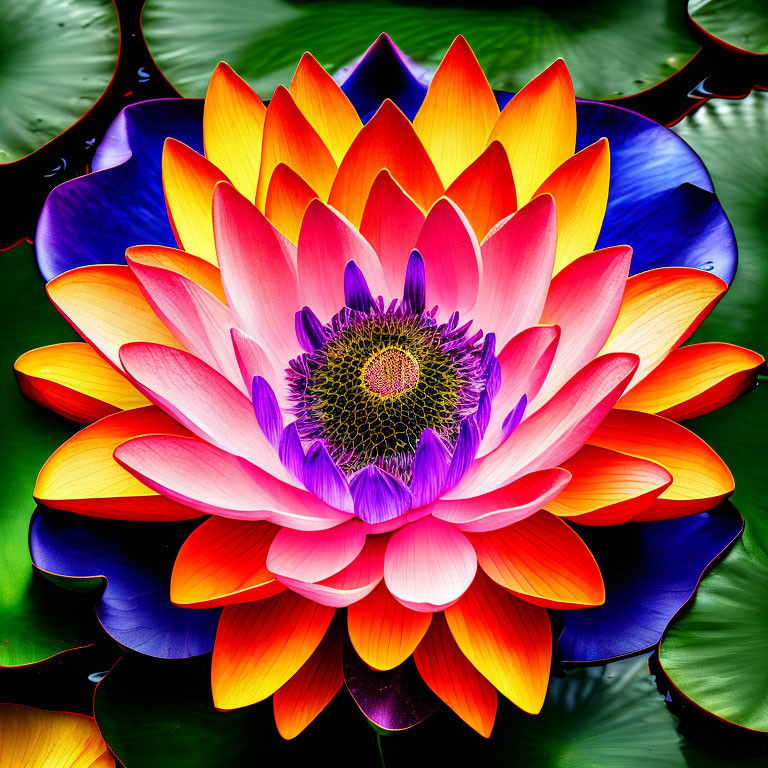 Colorful Lotus Flower with Yellow Core and Gradient Petals