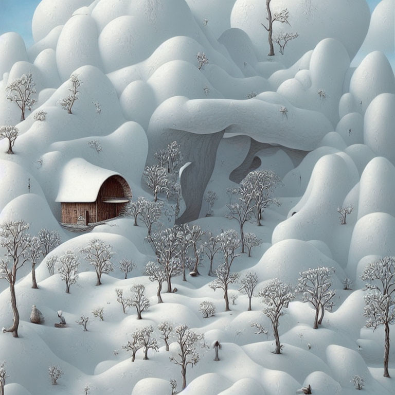 Snow-covered hills, wooden cabin, person with dog in serene winter landscape