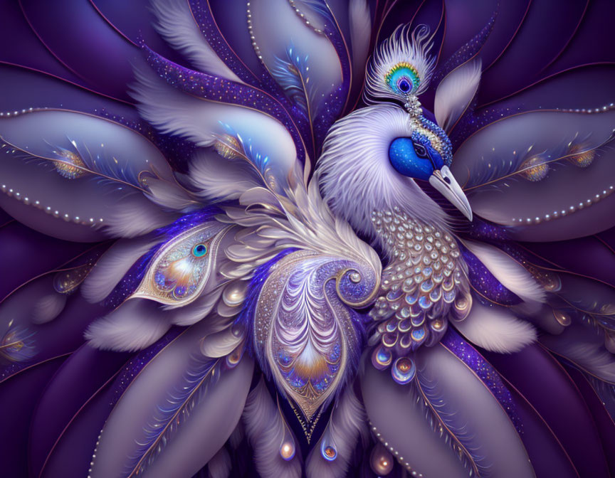 Detailed Stylized Peacock Illustration with Purple and Silver Feathers