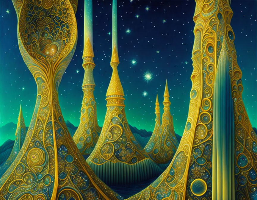 Fantasy landscape at night with golden towers and starry sky