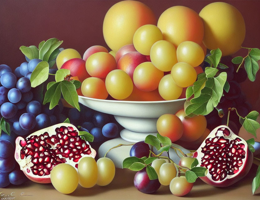 Classic still life painting with ripe fruits in a bowl.