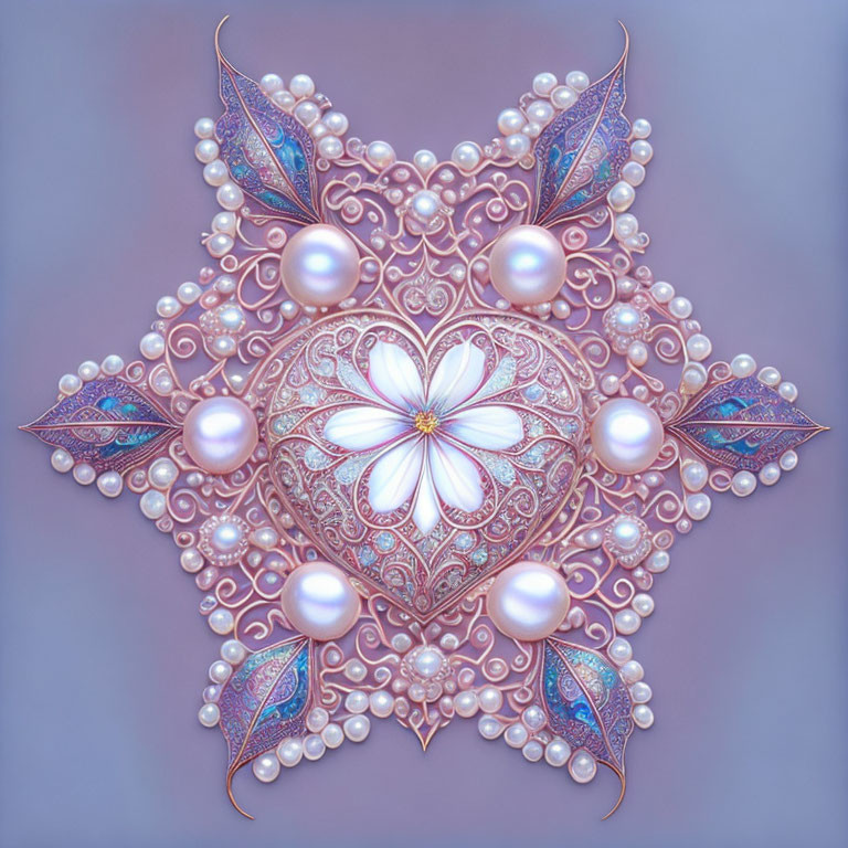 Intricate Mandala with Pearls, White Flower, Pink and Purple Filigree Patterns