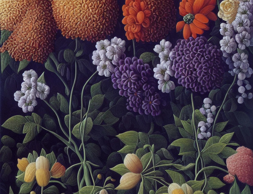 Detailed Botanical Illustration of Dahlias and Hydrangeas in Vivid Colors