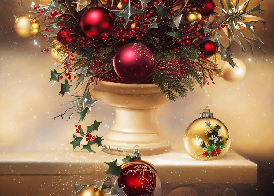 Red and Gold Christmas Ornaments with Holly Berries and Greenery in Stone Pedestal Vase