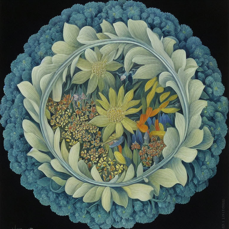 Detailed Floral Arrangement Painting with Circular Window and Dark Background
