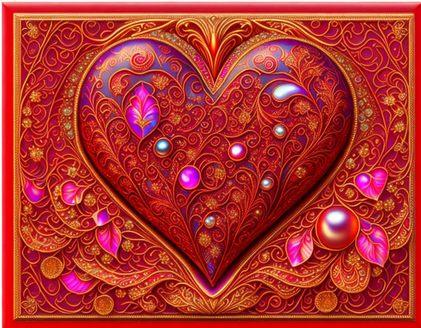 Intricate Golden Patterns and Gemstones on Red Background