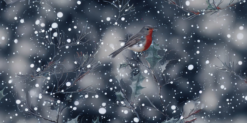 Robin perched on branch in falling snowflakes and bare twigs with white berries.