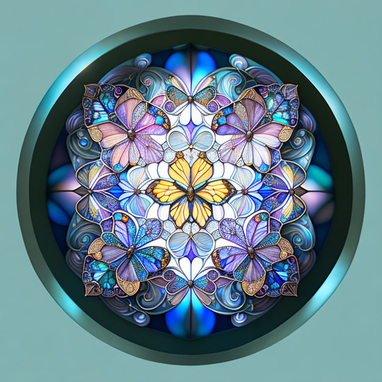 Symmetrical butterfly mandala in vibrant stained glass colors
