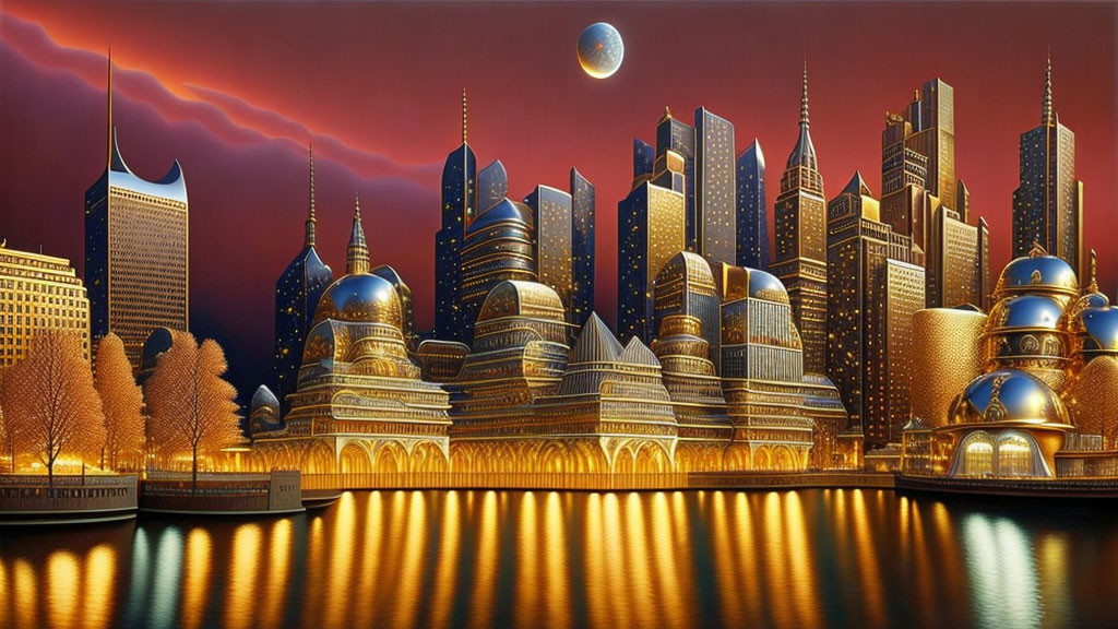 Golden illuminated buildings in futuristic cityscape at dusk with red sky and crescent moon.