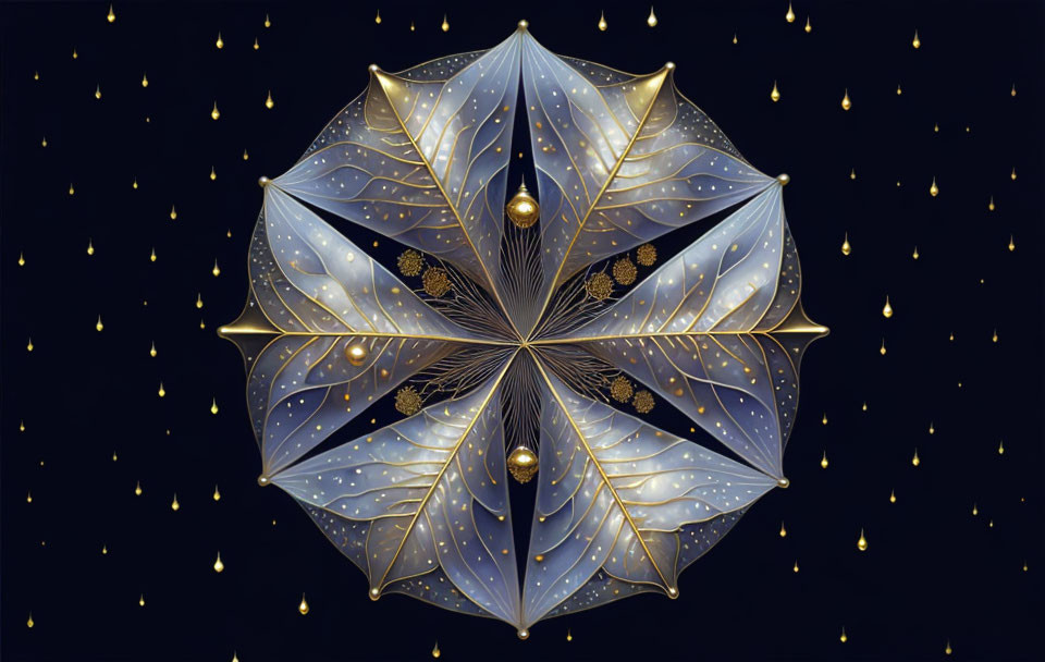 Symmetrical digital illustration of translucent, ornate umbrella structure with golden accents on dark background.