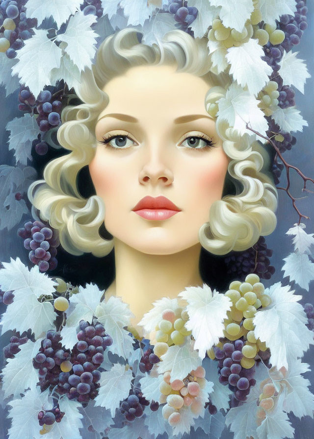 Stylized portrait of a woman with curly blonde hair among grapes and grape leaves
