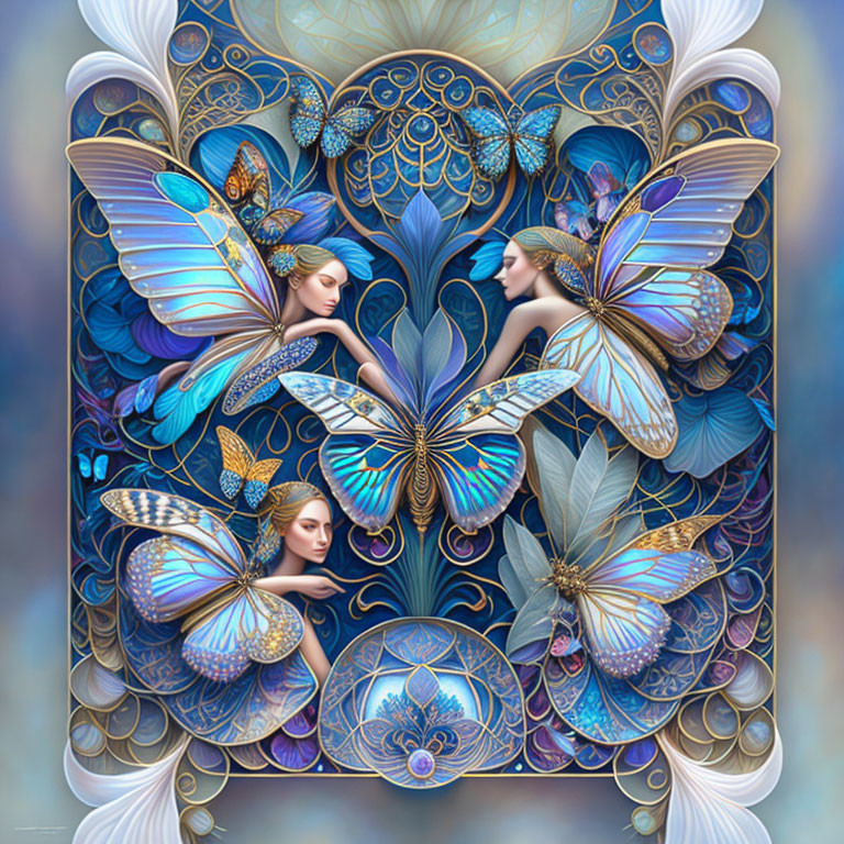 Symmetrical Artwork: Two Women with Butterfly Wings in Ornate Floral Setting