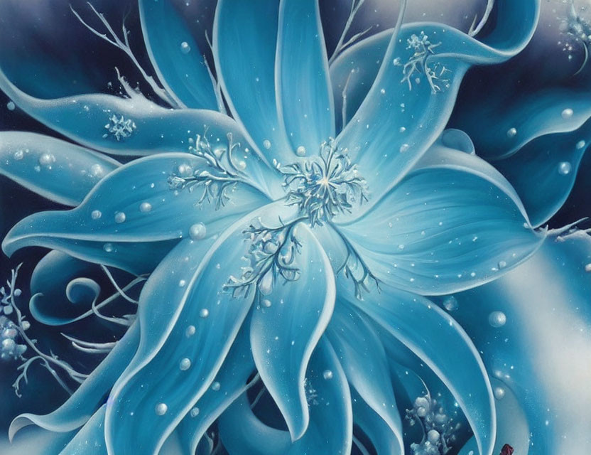 Stylized blue flower with ice crystal patterns and snowflakes