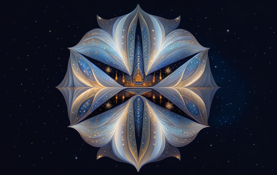 Symmetrical white and blue lotus digital artwork on starry night sky