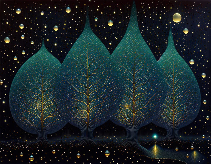 Detailed illustration of five trees with intricate patterns against a starry night sky.