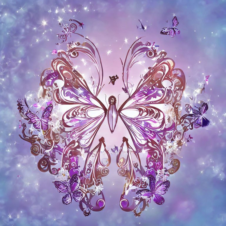 Symmetrical butterfly digital artwork with sparkling background