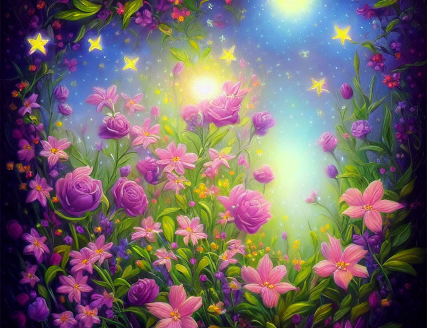 Colorful Pink and Purple Flowers in Enchanting Garden Scene