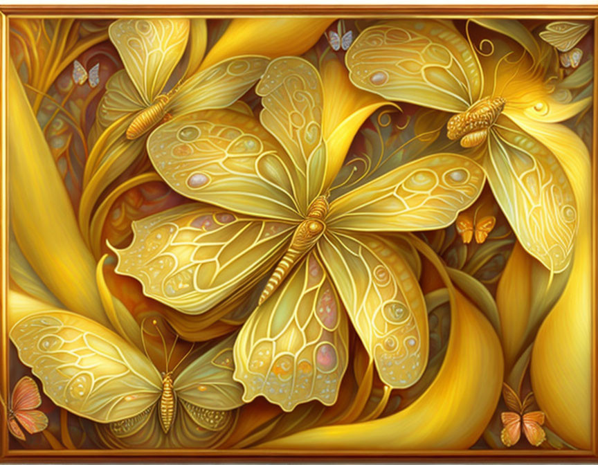 Detailed Golden Butterflies Illustration Among Amber Foliage