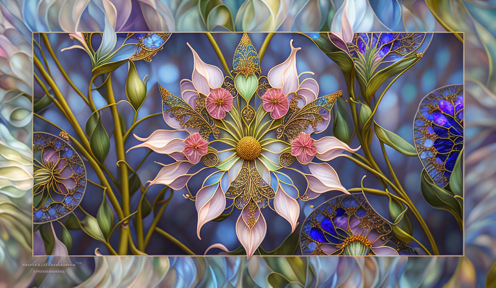 Symmetrical ornate floral digital art with vibrant colors on textured blue background