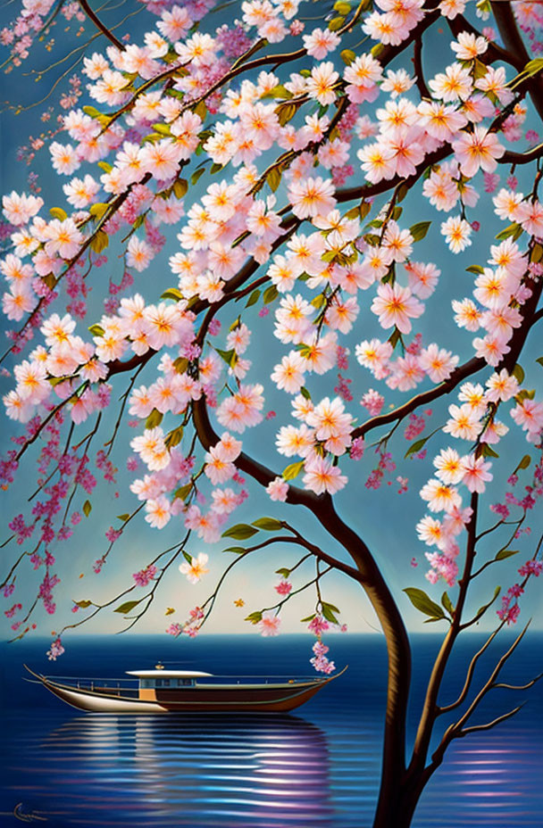 Tranquil cherry blossom tree by calm sea at twilight