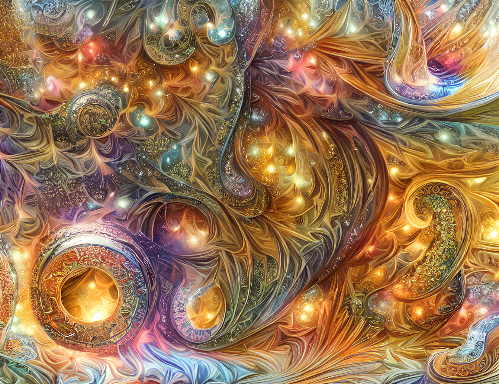 Colorful Fractal Image with Gold, Blue, and Orange Swirling Patterns