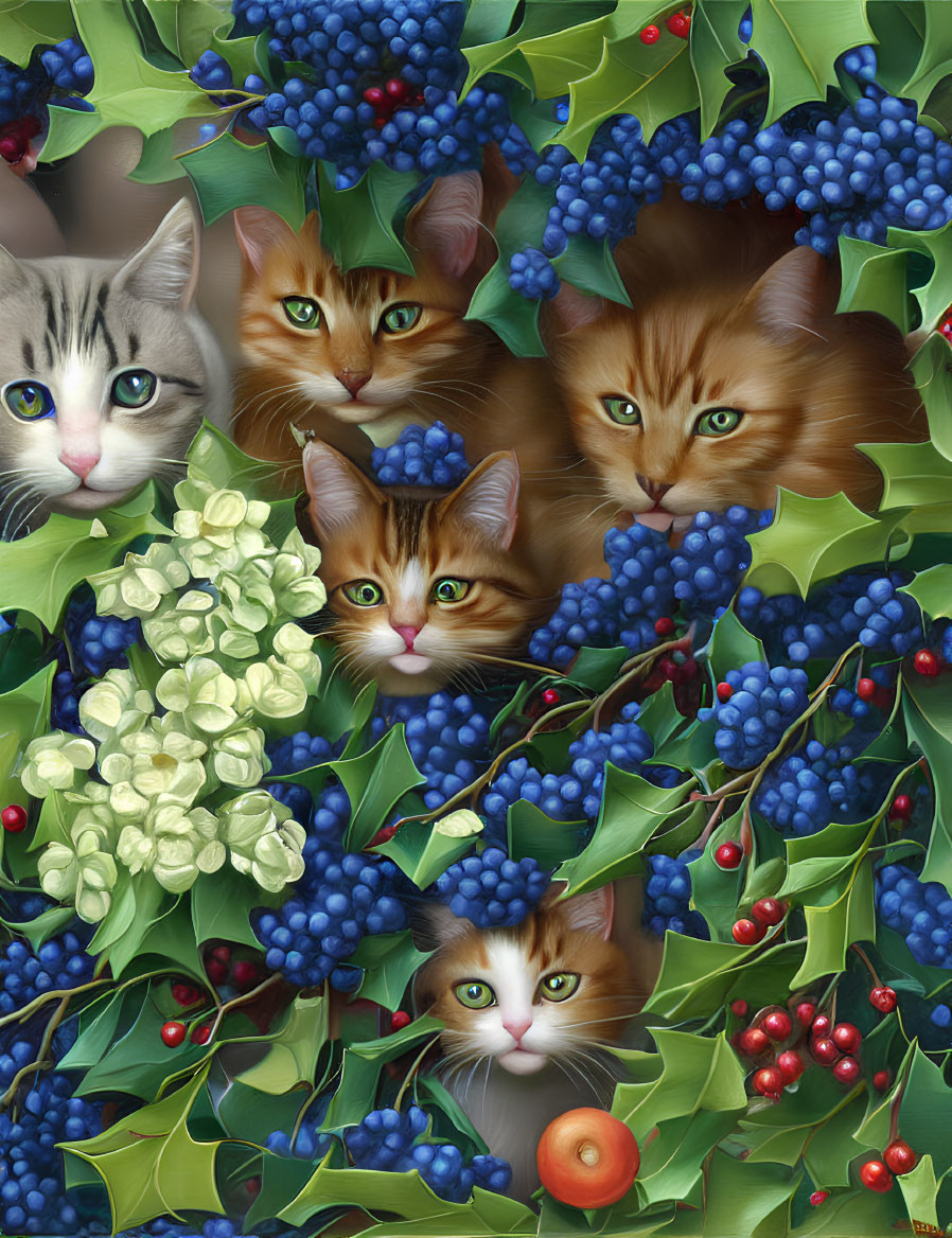 Illustration of colorful cats among green leaves, blueberries, and white flowers