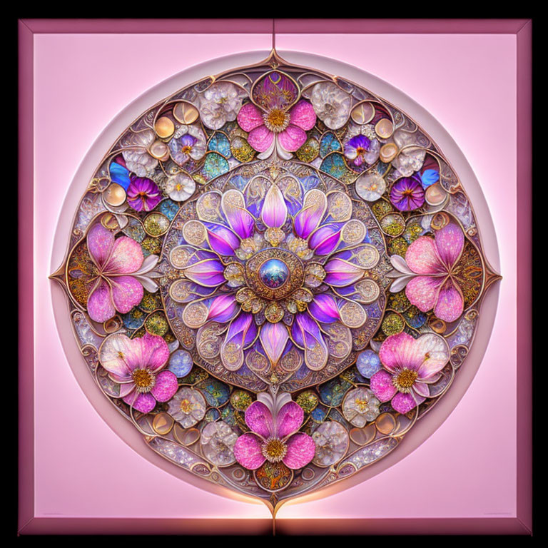 Circular ornate mandala with intricate floral patterns in purple, pink, and green on glowing pink backdrop