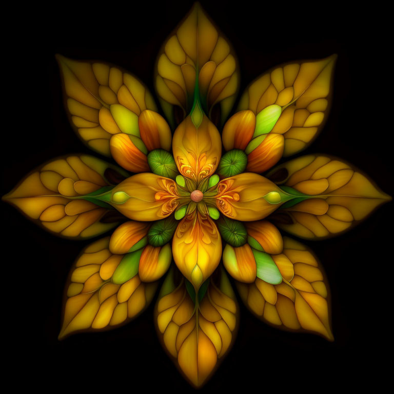 Symmetrical flower digital art with glowing yellow and orange petals