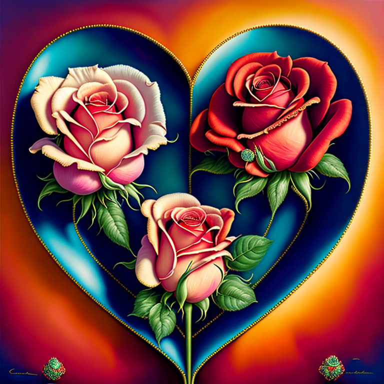 Colorful Heart-Shaped Artwork with Roses on Gradient Background